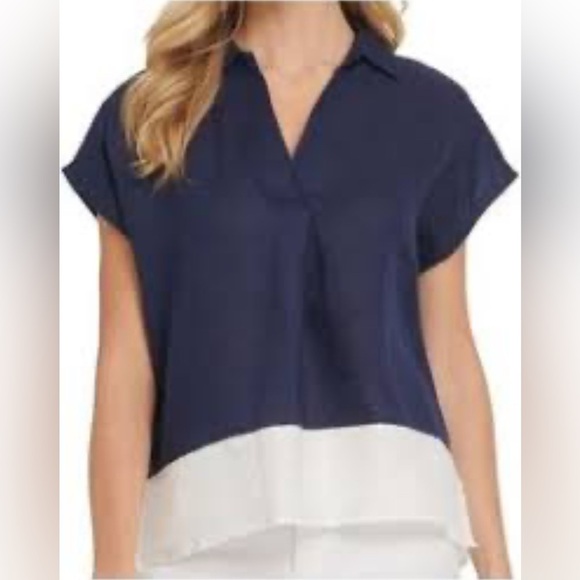 DKNY pure color block Navy and White linen collared shirt sleeve blouse - Picture 1 of 6